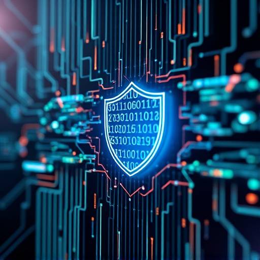 Imagen abstracta representando la ciberseguridad, con datos binarios y un escudo protector.