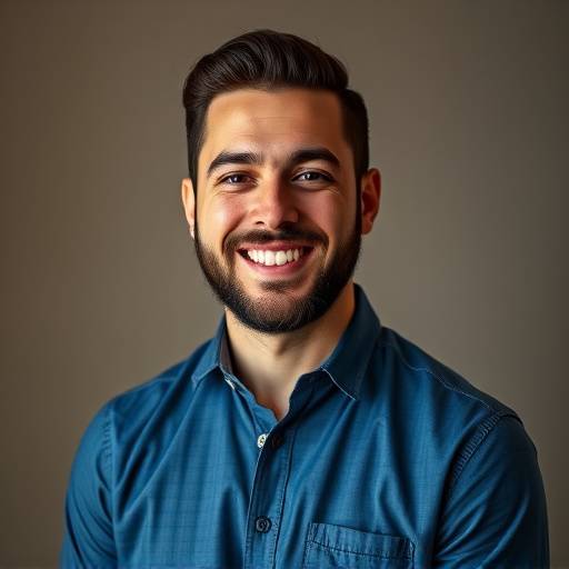 Retrato de Javier Rodriguez, un hombre con barba y camisa azul, sonriendo, Director de Producción de Estudio Lumina.