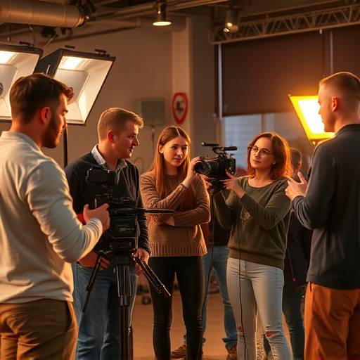 Un equipo diverso de profesionales audiovisuales trabajando juntos en un set de grabación, representando el trabajo en equipo y la colaboración.