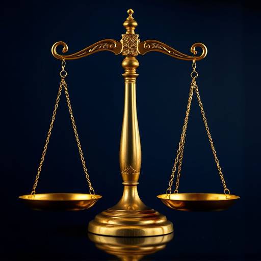 Una balanza de la justicia dorada sobre un fondo azul oscuro, representando la ley y el orden